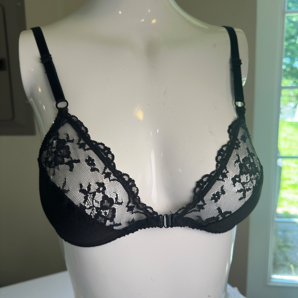 Flexnit A-OK Vintage 70s 80s Black Lace Front Clasp Bralette Nylon 34A USA Made